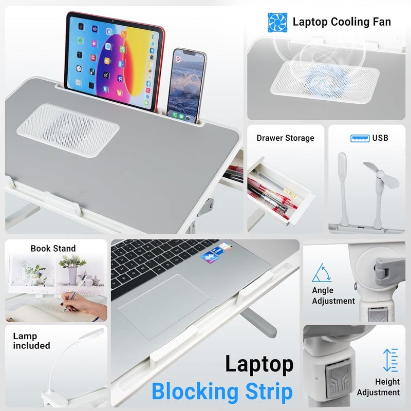 XTRA Laptop Lap Desk with Cooling Fan - Adjustable with Light, USB, Storage Drawer - Folding Bed Desk,22.04"*12.59",Grey - Image 3